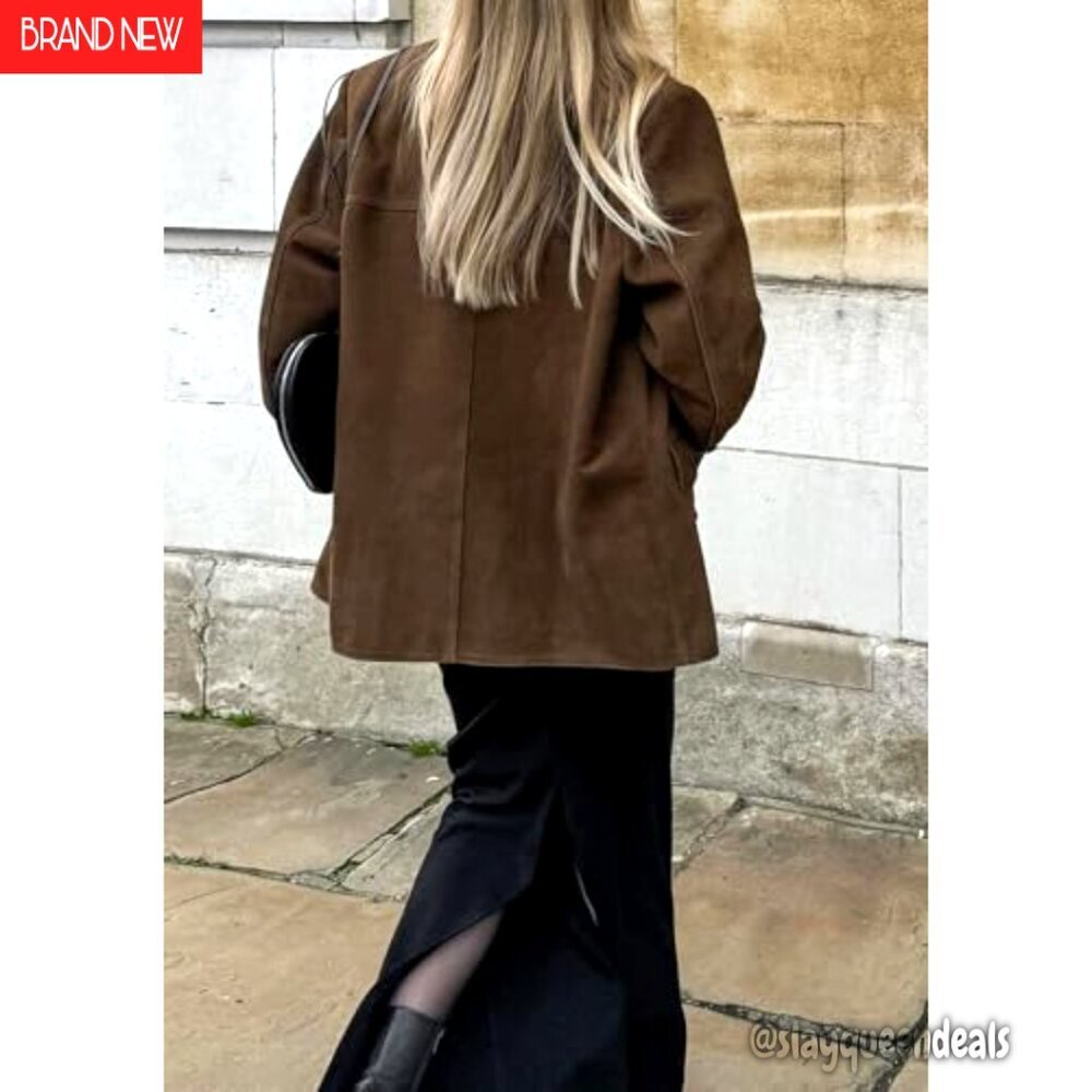 Oversized Faux Suede Jacket Notched Lapel Button Down Long Sleeve Pockets - Picture 5 of 7